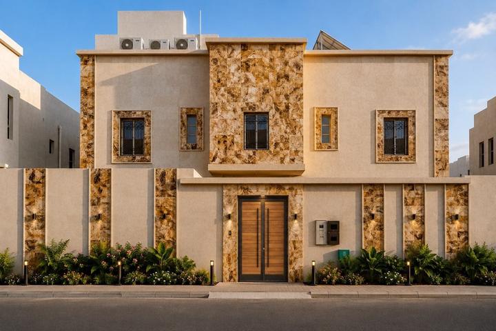 الواجهة والسور بعد اكتمال الكسوة وتنفيذ التنسيق النباتي عند المدخل